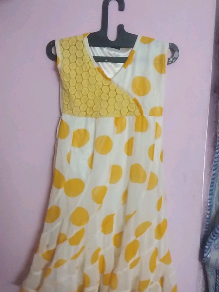 Yellow white Polca Dot Frock For Gorls