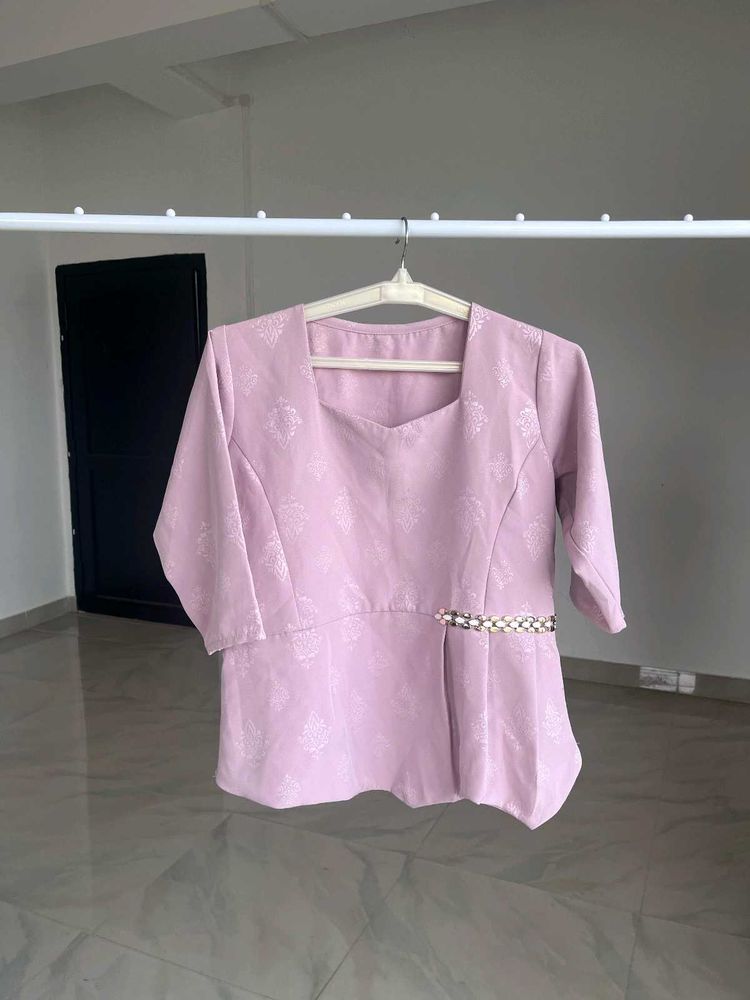Lilac Peplum Top with Pearl Detail
