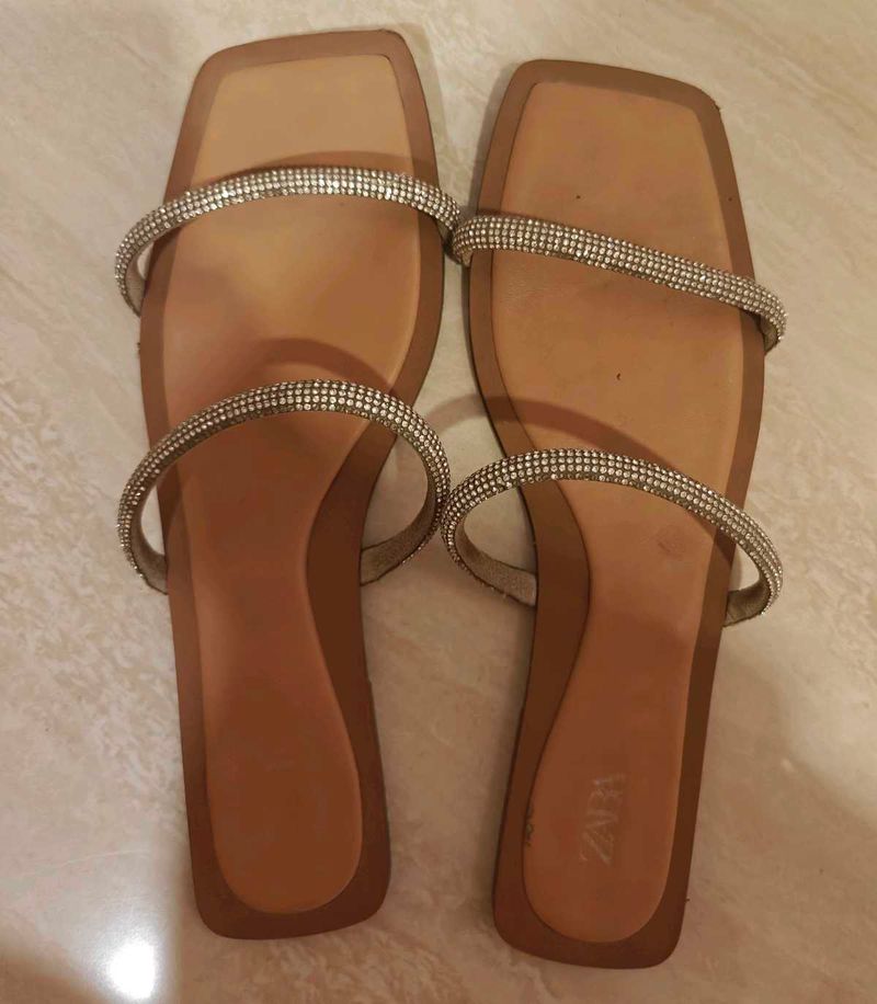 Zara Tan Sandals With Two Crystal Straps