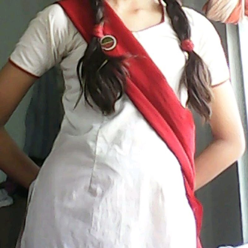 Beigeish White Kurti With Red Border