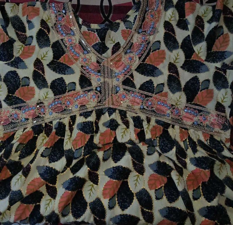 Embroidered Floral Print Blouse Kurti