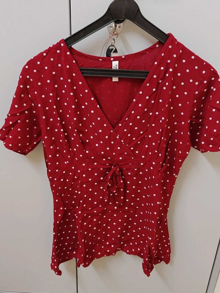 Red Polka Dot V-Neck Top