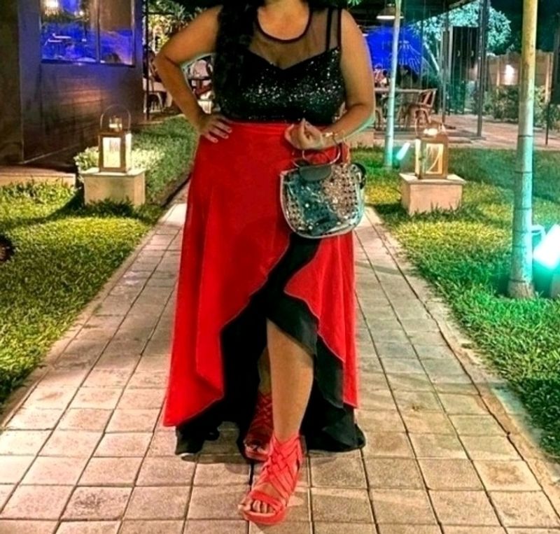 Red &amp; Black Asymmetrical Maxi Dress