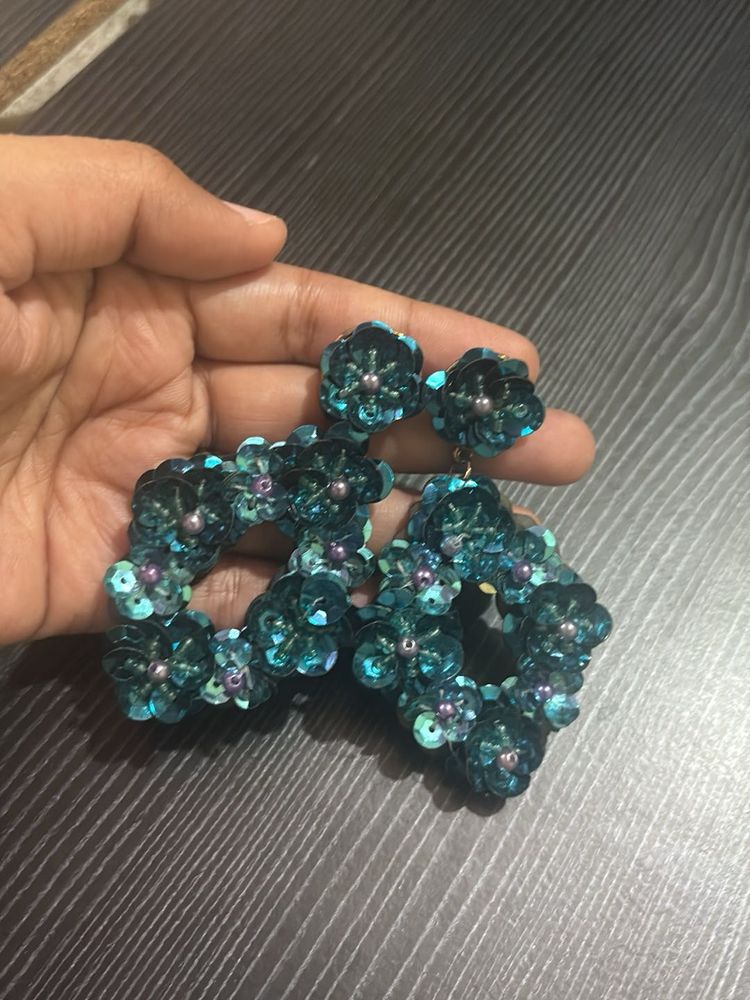 Teal Sequin Flower Earrings