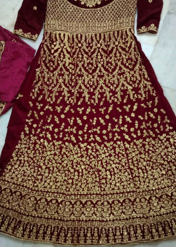 Maroon Velvet Gown Full Embroidery Work