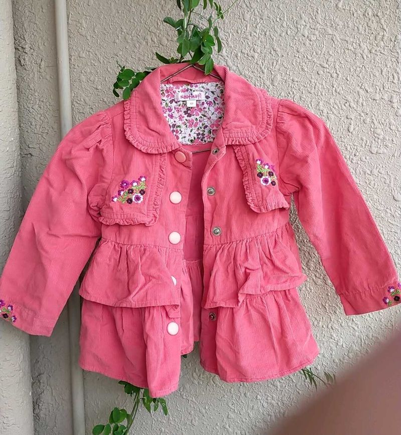 Pink Corduroy Ruffle Jacket For Girls