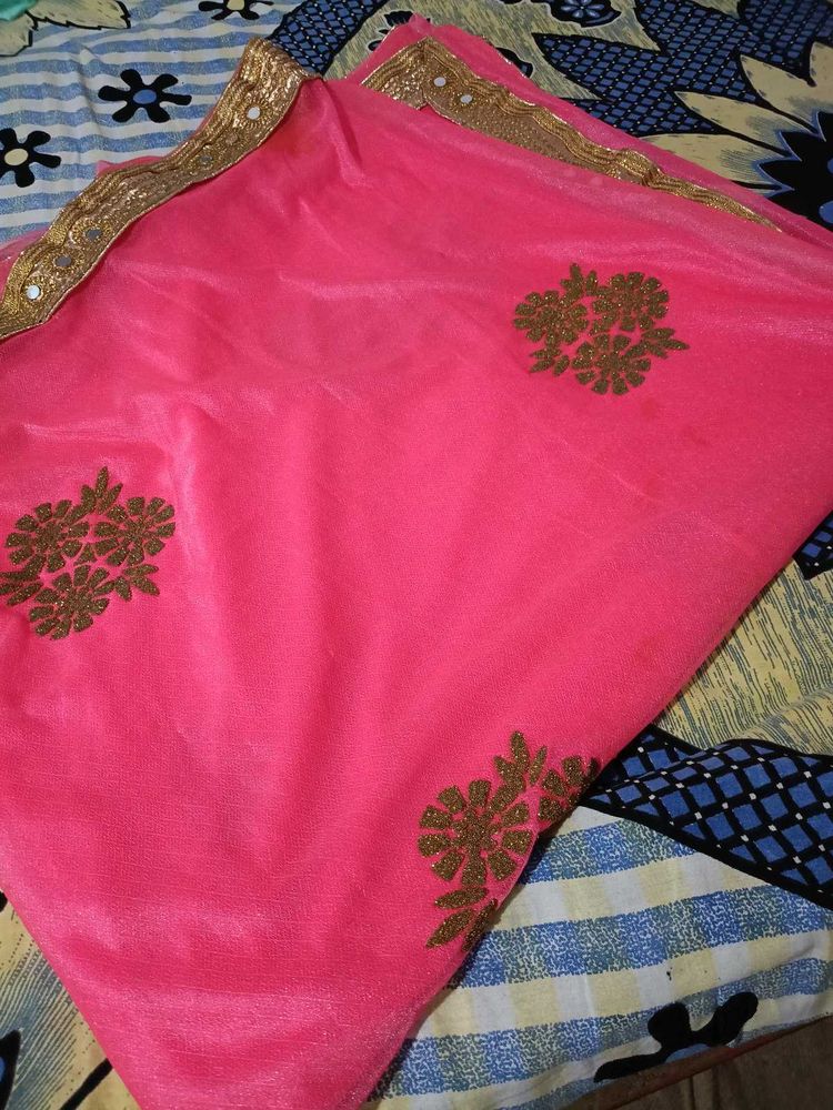 Mirror Work Pink Colour Saree