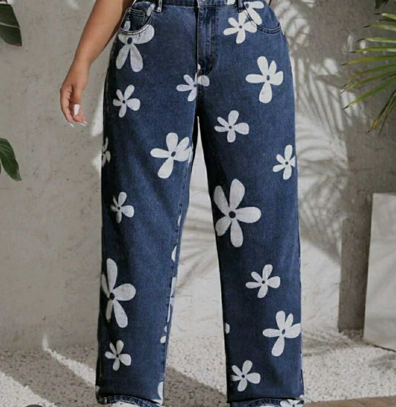 Navy Blue Flower Printed Denim Jeans