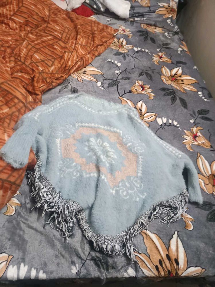 Stylish Blue Poncho with Fringe