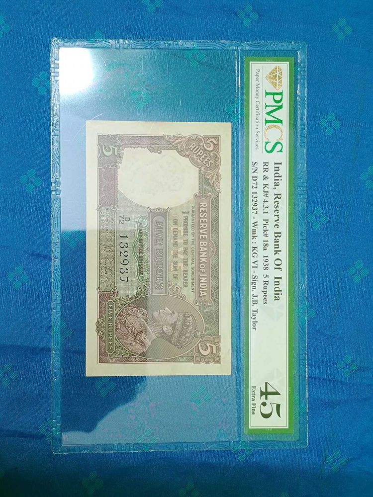 British India 5 Rupees Note 1938 PMCS Graded