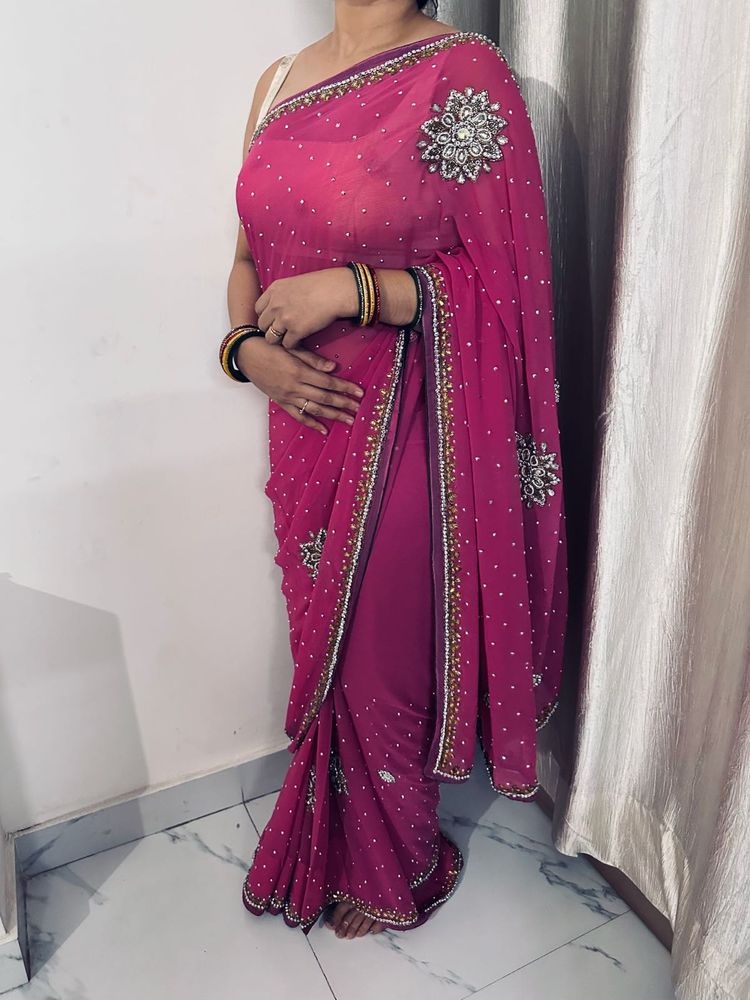 Magenta Embellished Saree - Festive Wear