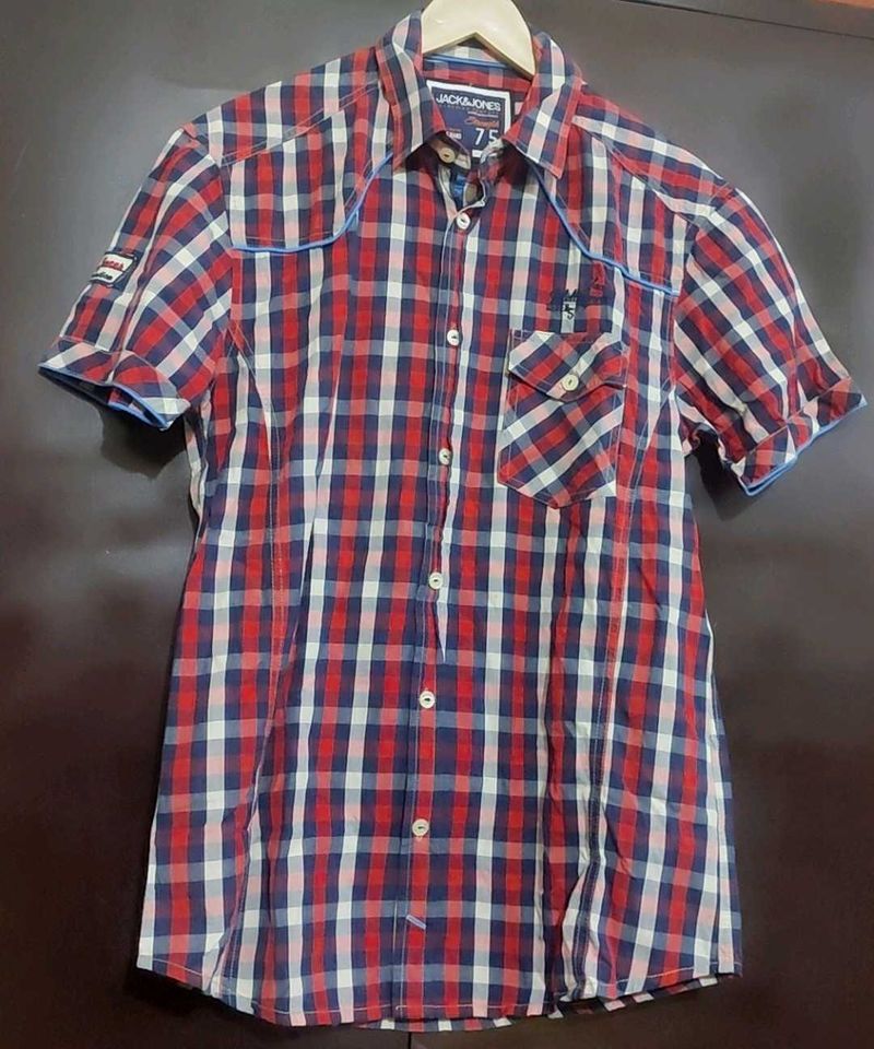 Red🔴 &amp; Navy Blue Check Printed Shirt For 38 Chest