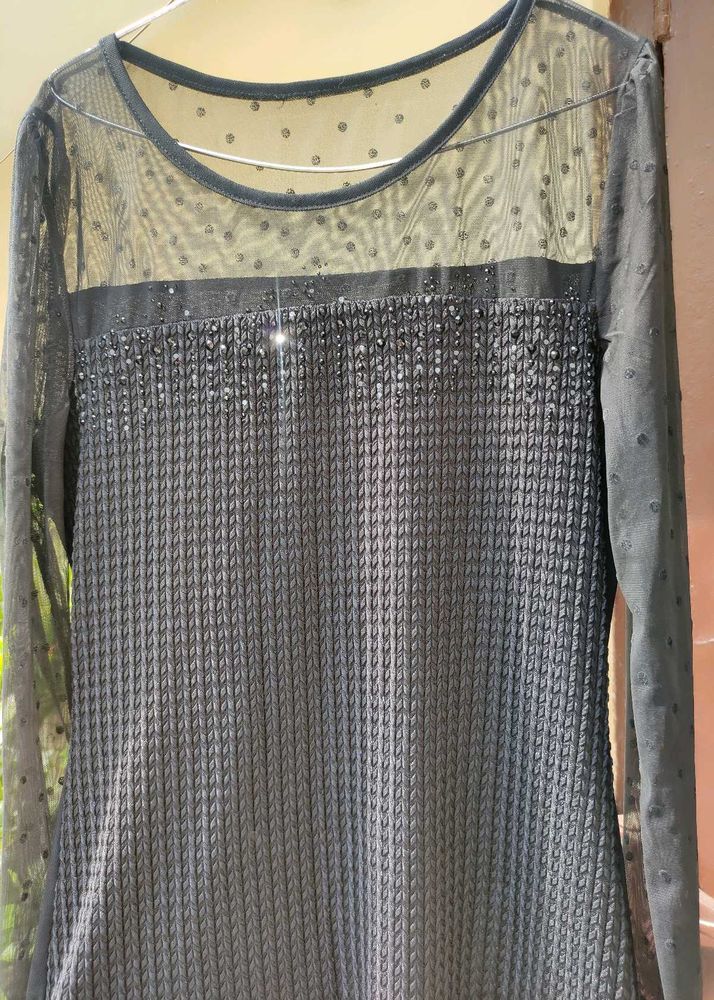 Black Coloured Top With Net On Neck And Arms