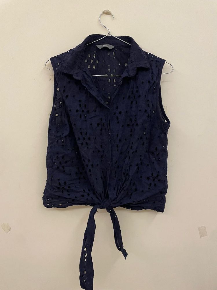 Navy Eyelet Tie-FrontSleeveless Shirt