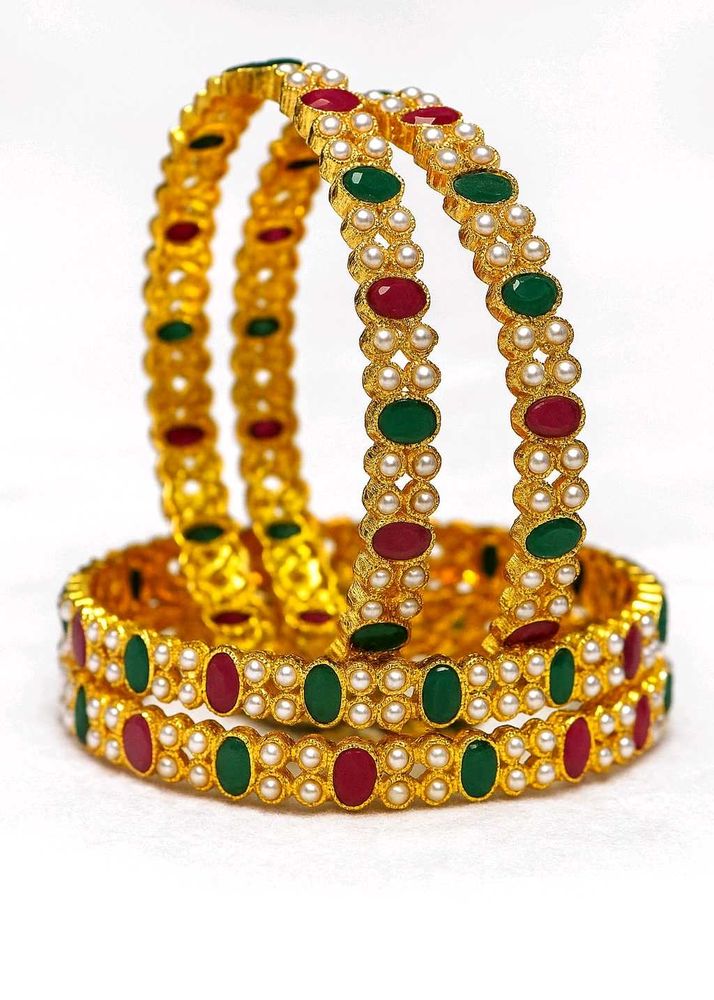 Elegant Gold-Tone Bangles with Pearls &amp; Gemstones