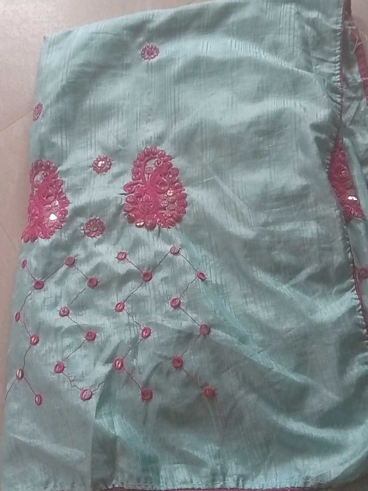 Blue Saree With Pink Embroritory