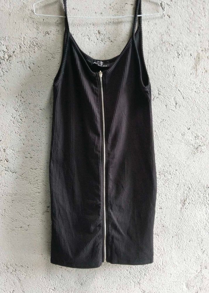 Black Mini Body Hugging Dress With Front Zipper