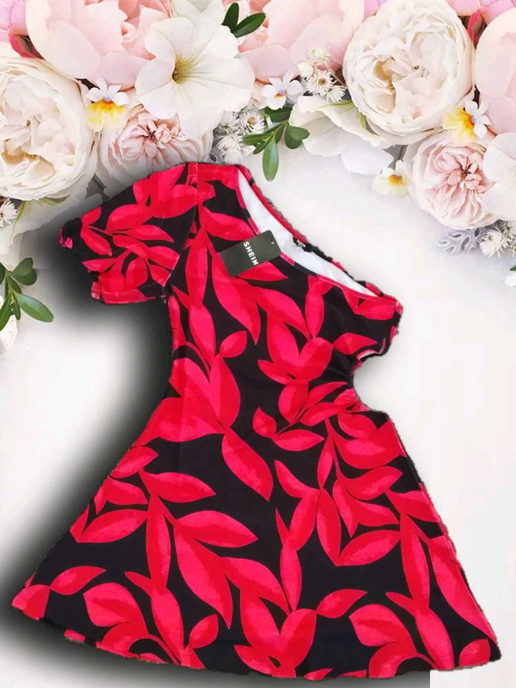 Red Leaf Print One-Shoulder Midi Dress | Soft Comf