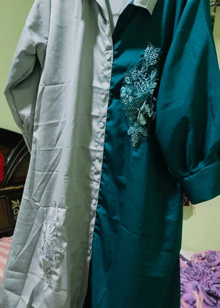 Two-Tone Embellished Shirt Dress