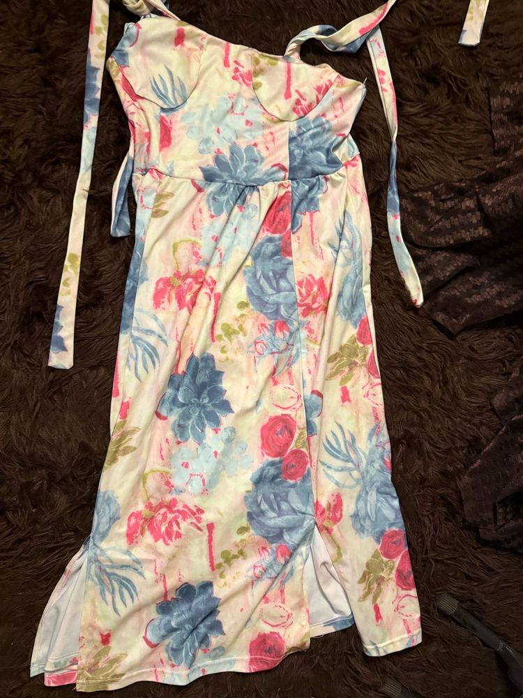 Floral Print Knot Strips &amp; Slit Dress