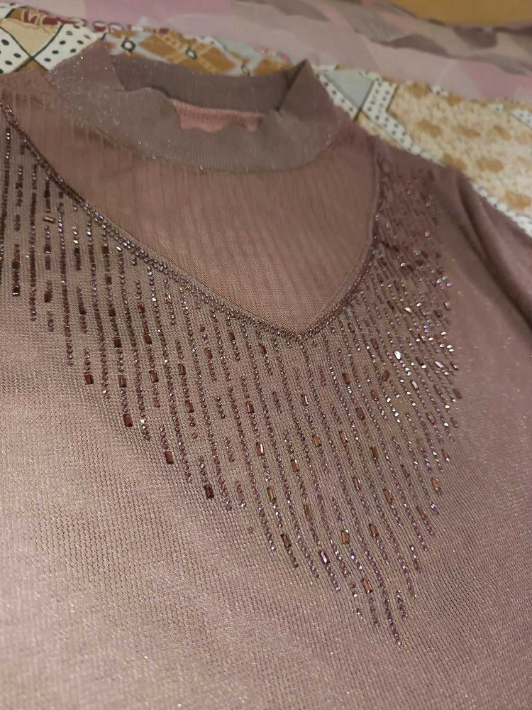 Dusty Mauve Rhinestone Embellished Mesh Knit Top ✨