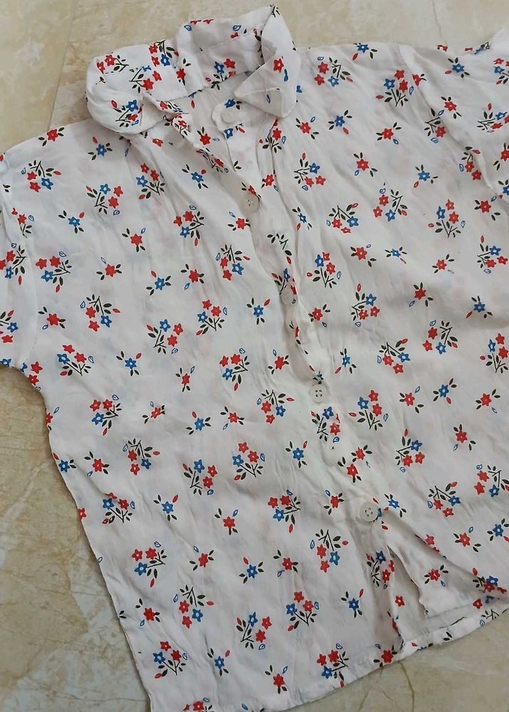White Floral Cropped Shirt