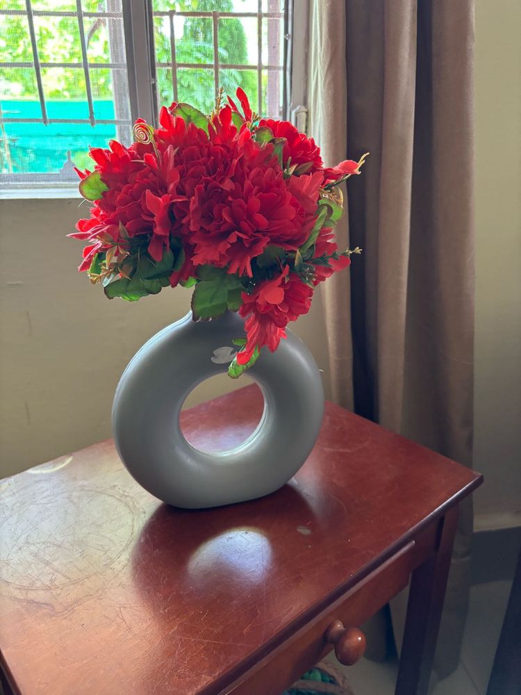 Donut Pot With Red Flowers