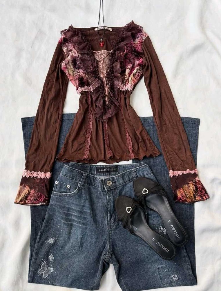 Vintage Brown Ruffled Top