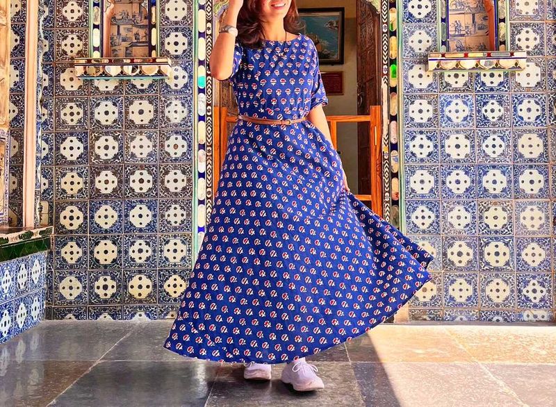 Indigo Blue Printed Maxi Dress Without Belt