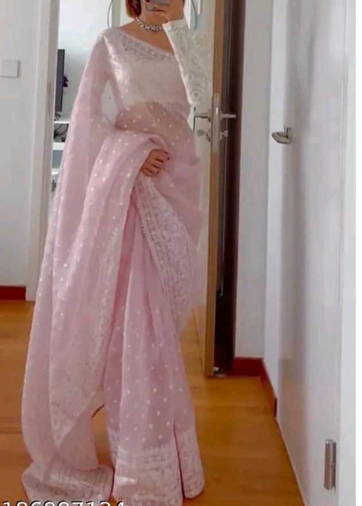 Elegant Pink Organza Saree it is stiched