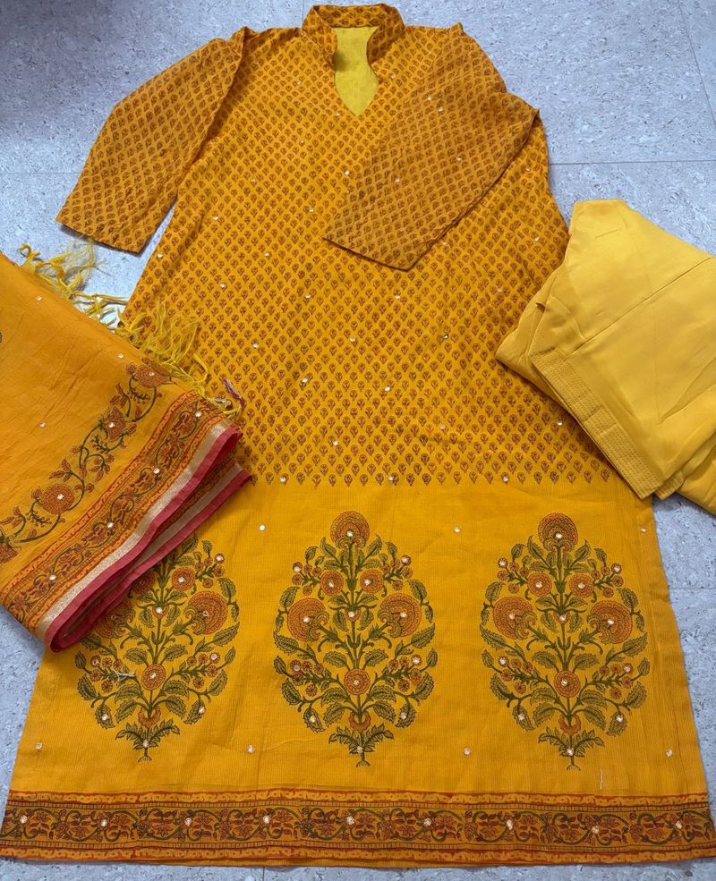 Elegant Mustard Yellow Cotton Suit Set with Dupatt