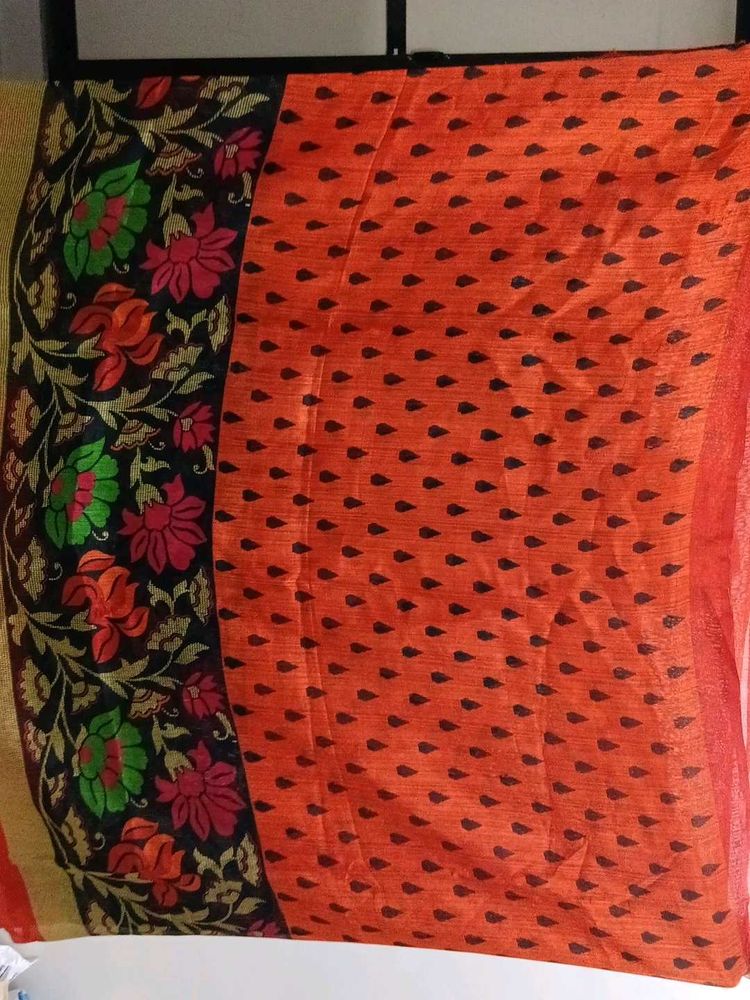 Elegant Floral Saree (Saffron)