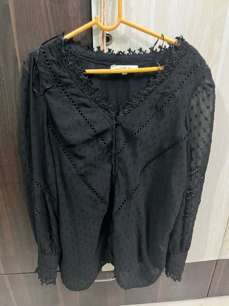 Elegant Black Lace Trim Blouse