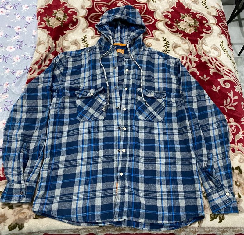 Hooded Blue Plaid Flannel Shirt