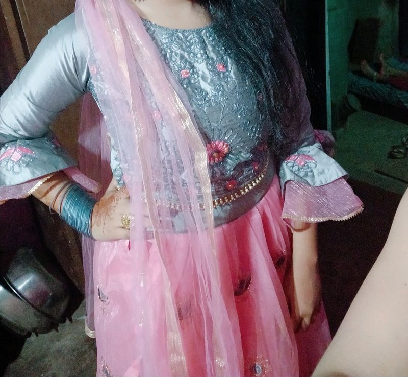 Crop Top Lehga Pink Grey Wedding Special