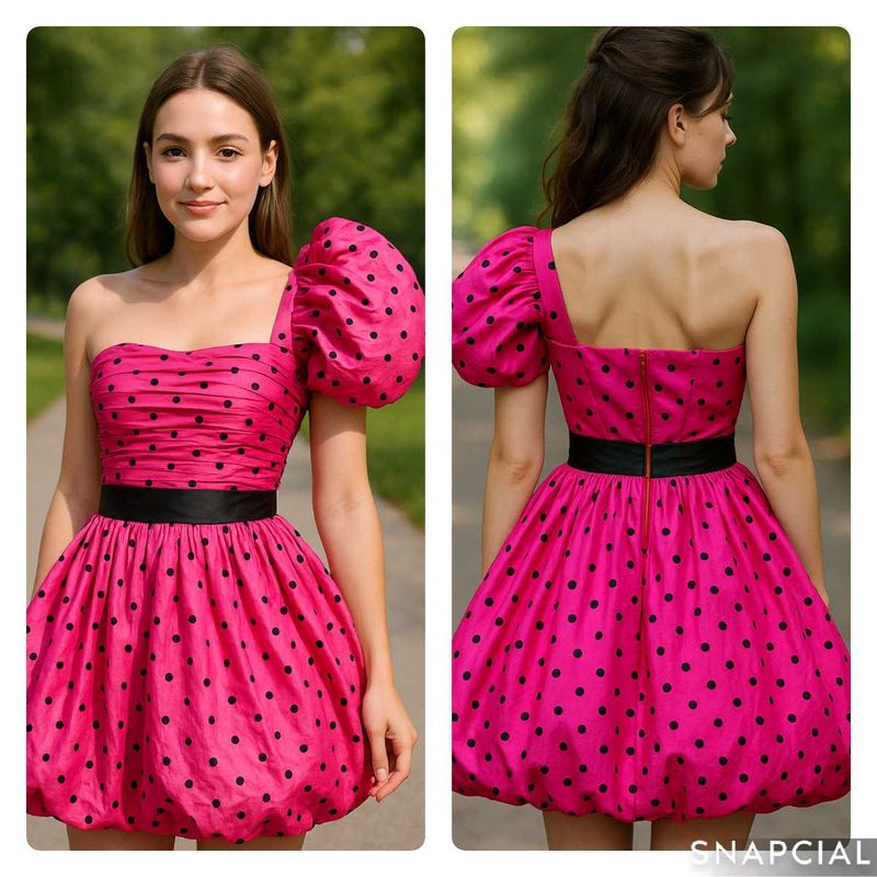 Pink Polka Dot One-Shoulder Dress