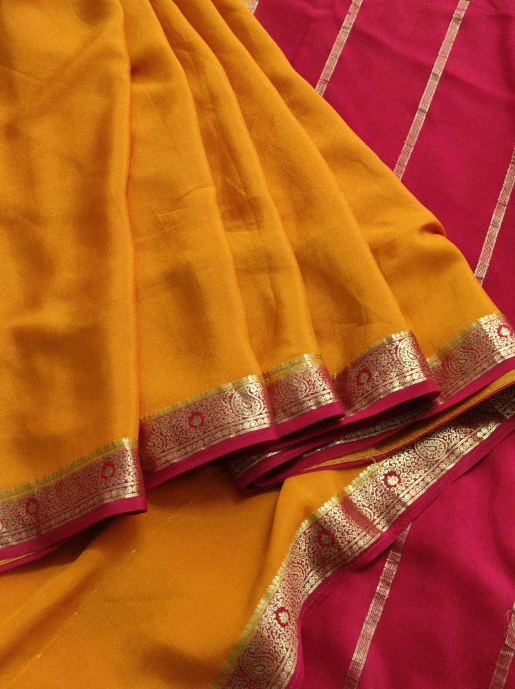 Mustard And Maroon Pure Crepe Saree