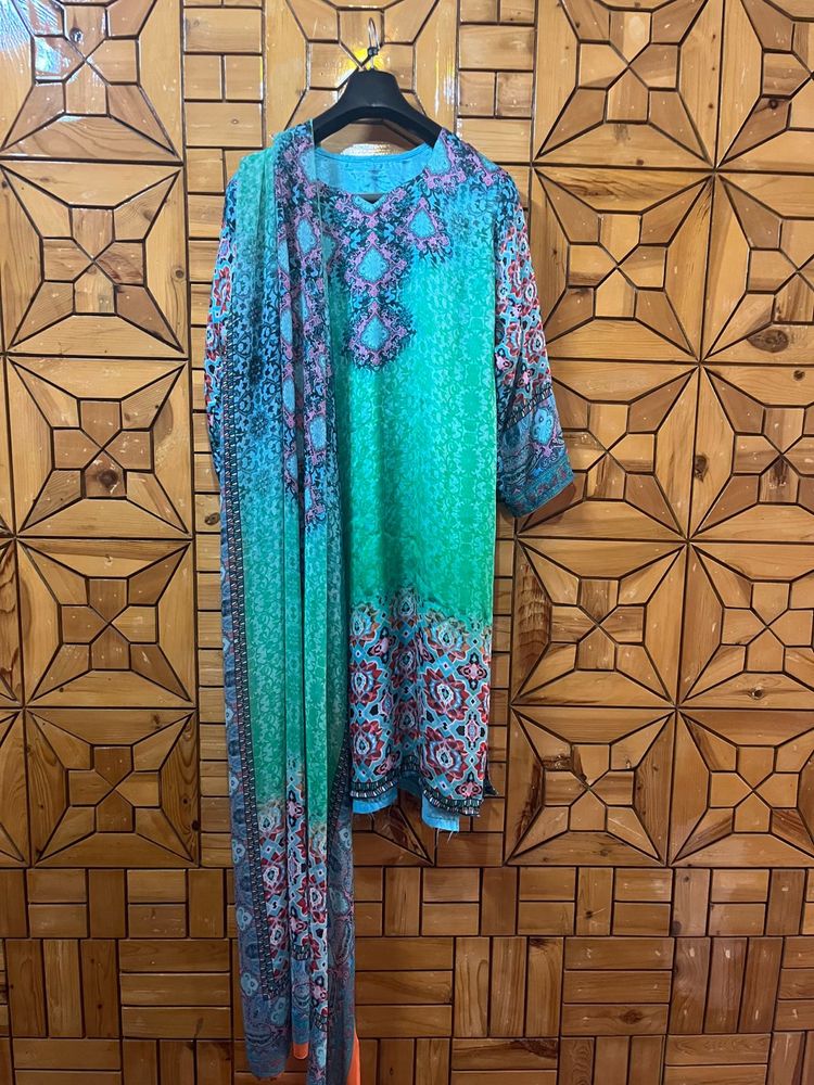 Turquoise Patterned Salwar Kameez With Dupatta
