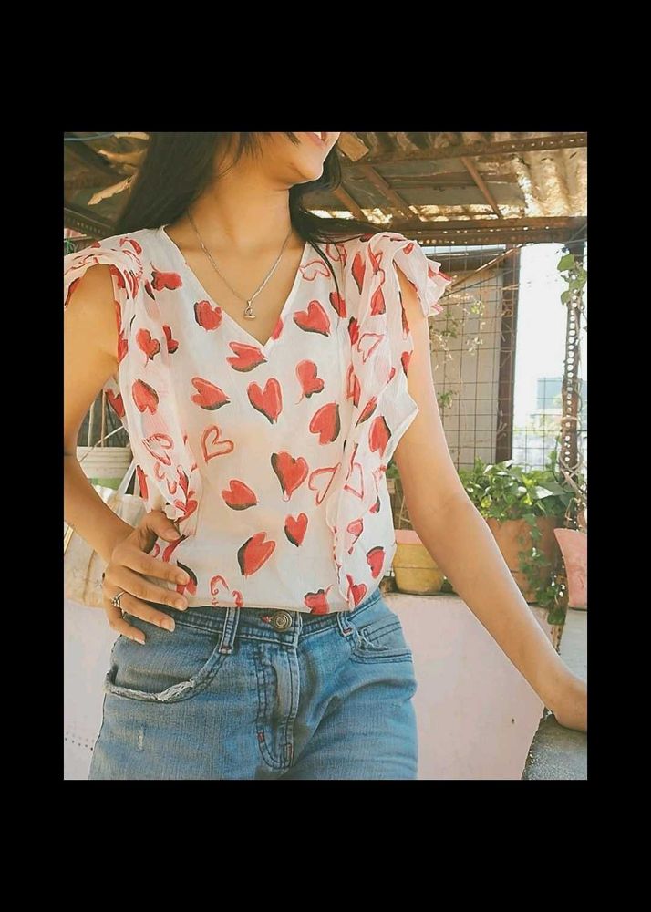 Heart Print V-Neck Top
