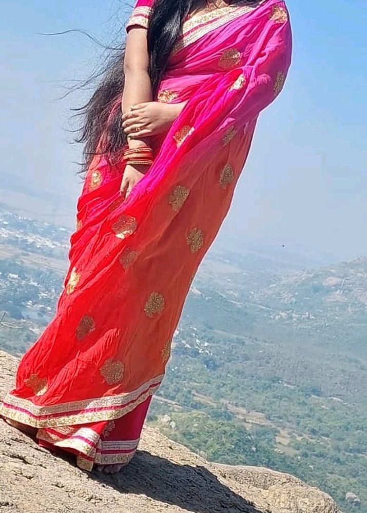 Orange, Pink Dual Tone Chiffon Saree With Blouse