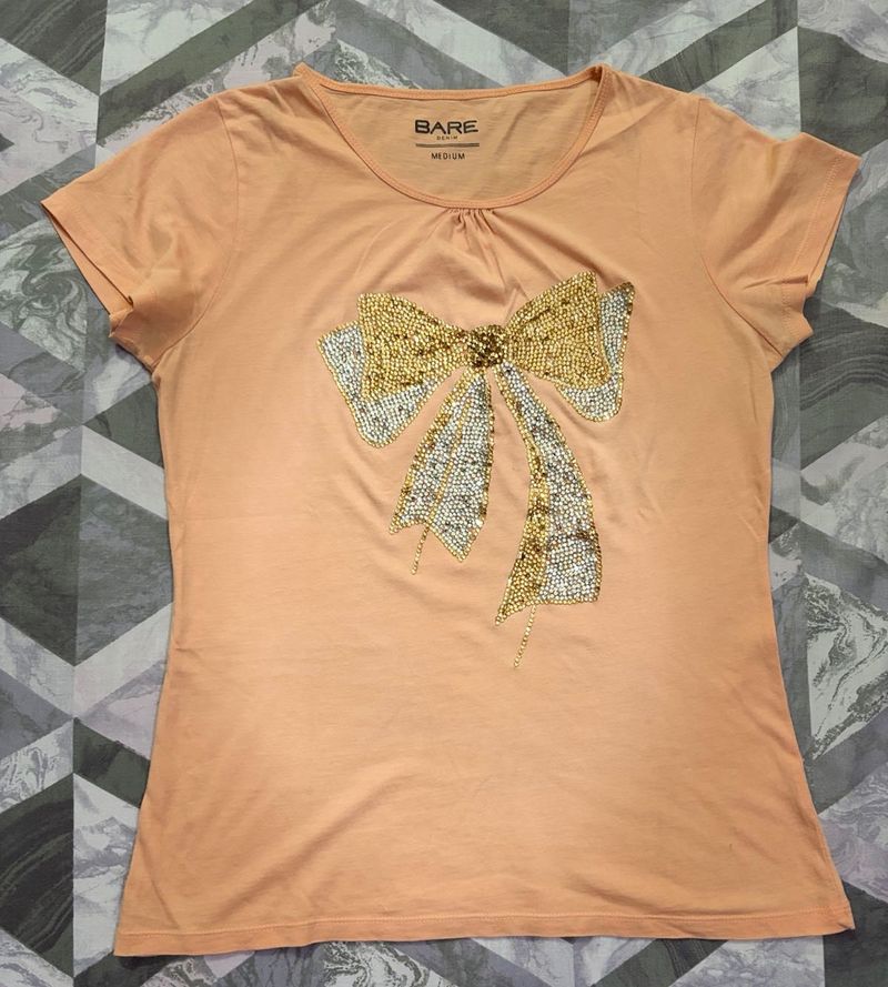 Peach T-shirt with Bow Detail