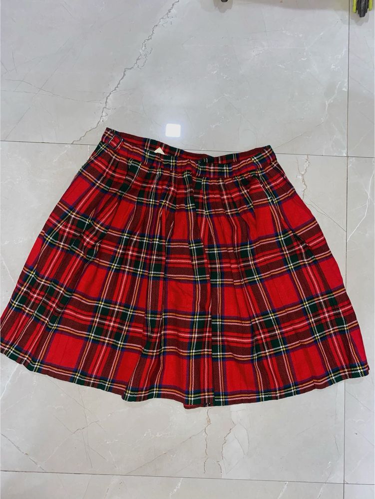 Red Plaid Pleated Skirt/ Wrap Skirt