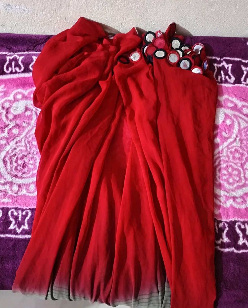 Red - Grey - Black Ombre Saree