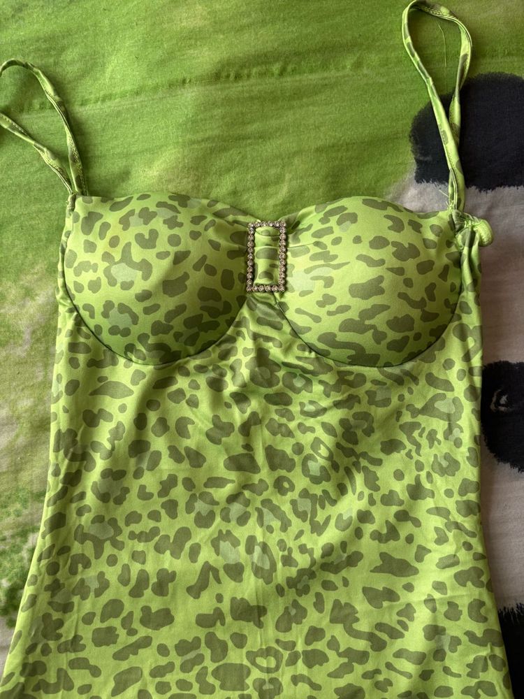 Printed Ruffle Green Halter Bodycon Dress