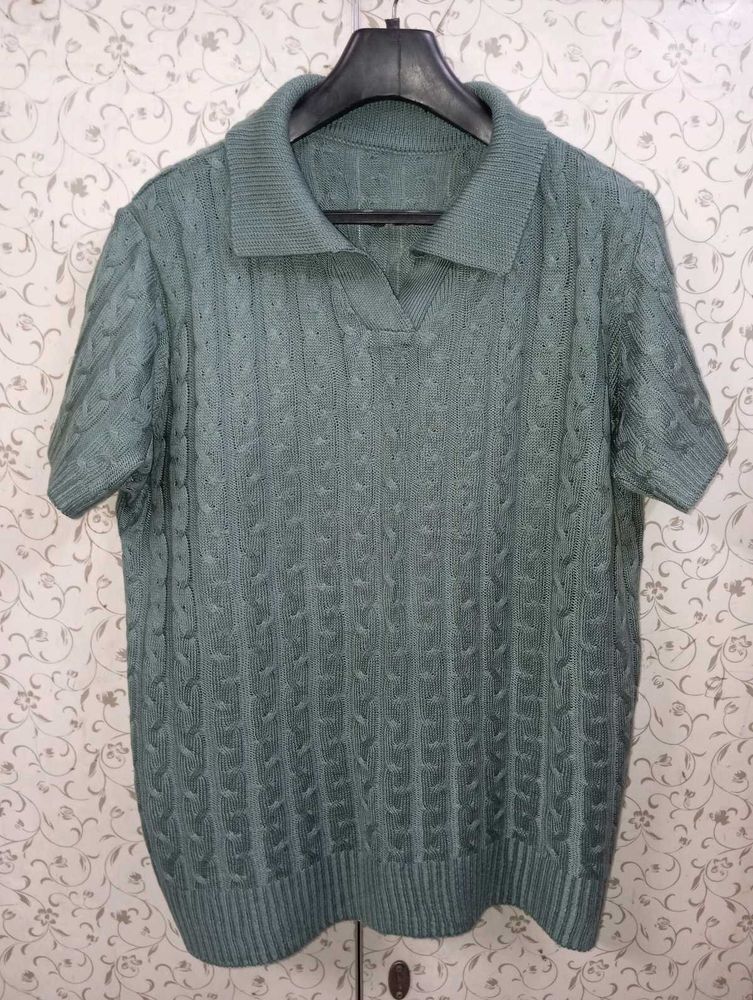 Knitted V- Neck  Polo T-Shirt
