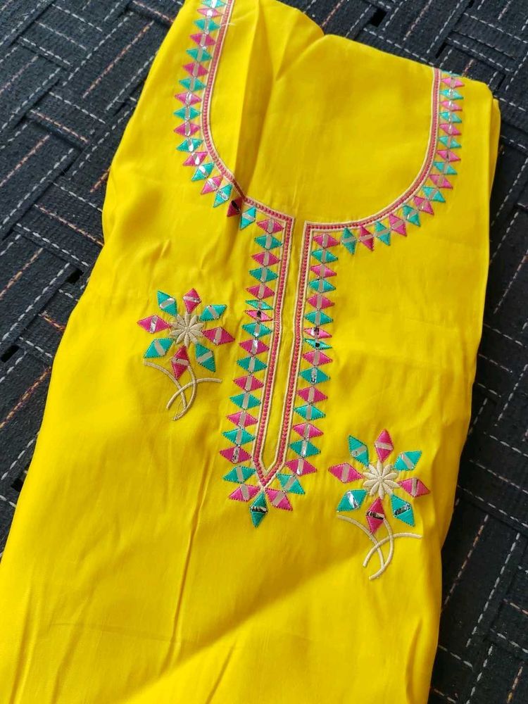 Yellow Mirror Work Unstitched Suit