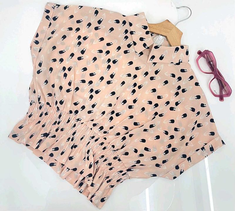 Peach Plant Print Smocked Waist Top