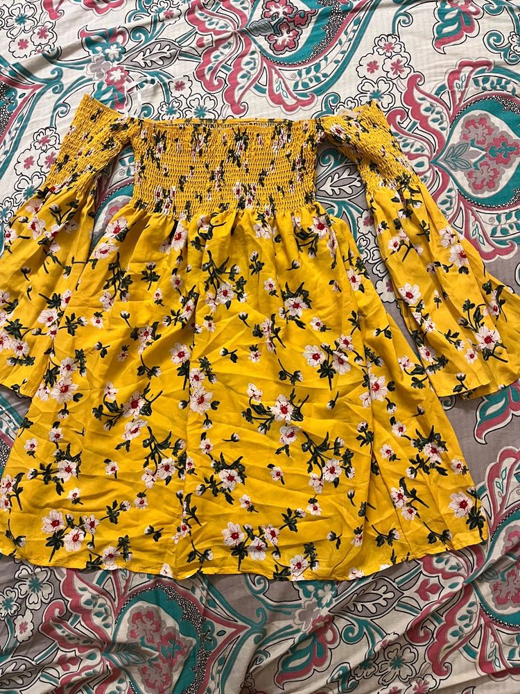 Bell Sleeves Off Shoulder Ditsy Print Dress