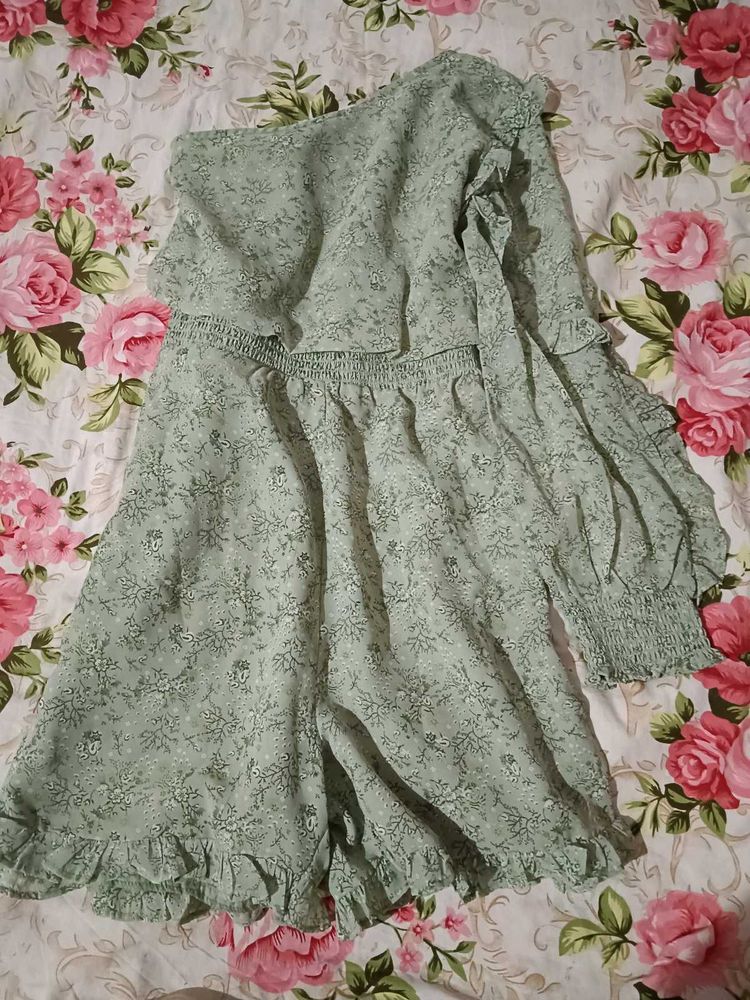 Sage Floral One-Shoulder Ruffle Romper