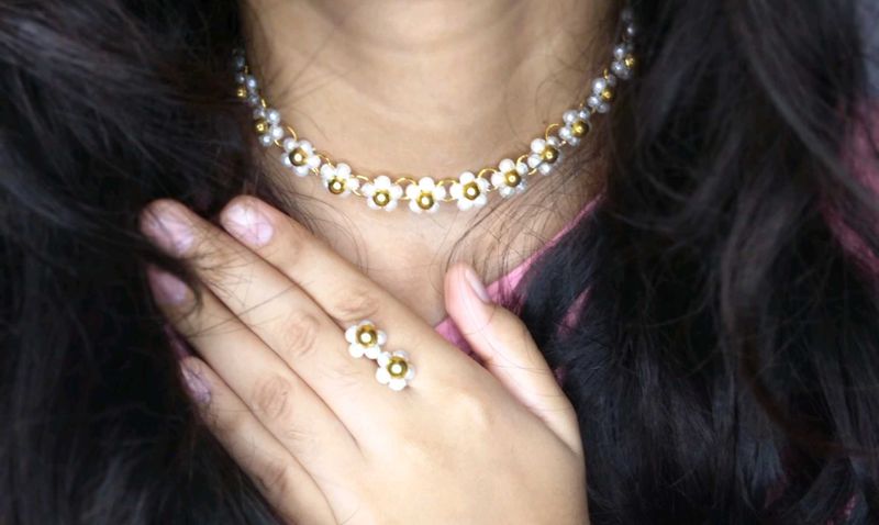 Korean Inspired Floral Pearl Choker &amp; Earrings Set
